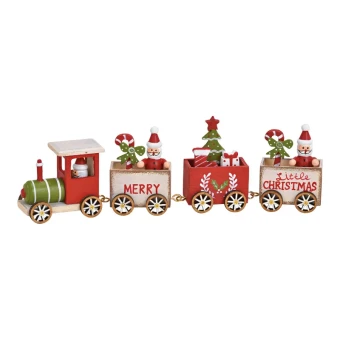Houten kersttrein met 3 wagons met pakjes en figuurtjes.