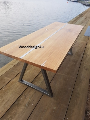 Oak table with inlaid tin