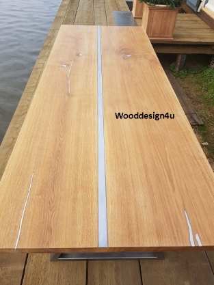 Oak table with inlaid tin