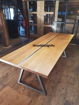 Oak table with inlaid tin