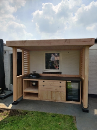 Outdoor kitchen canopy with kitchen