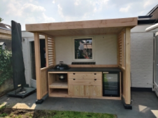 Outdoor kitchen canopy with kitchen