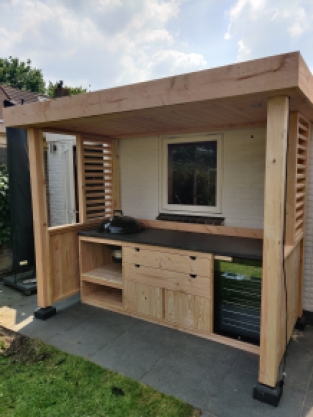 Outdoor kitchen canopy with kitchen